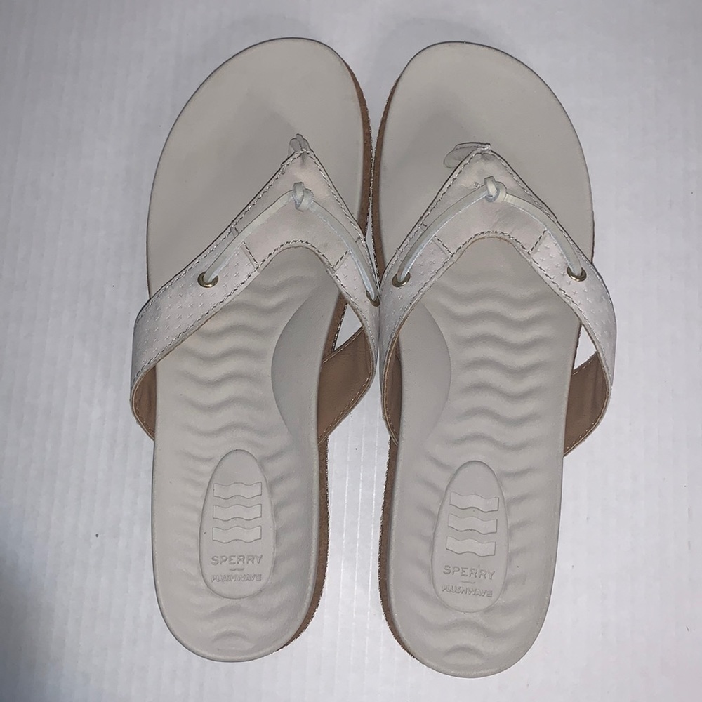 Sperry White Strap Wedge Sandals with Tan Sole
